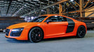 Audi R8 Wrapped in 3M Satin Neon Fluorescent Orange.  Photo courtesy of Lettering Express, OKC, OK.
